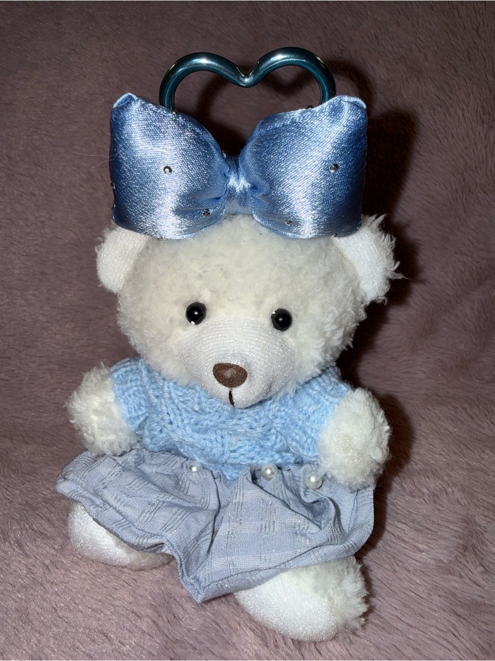 🫐 Bag Charm Plush White Teddy Bear with Light Blue Bow and Dress Purse Charm